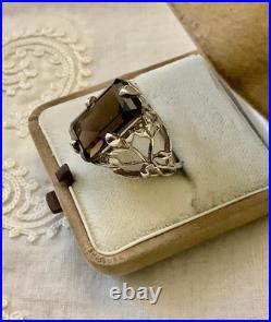Ancienne Bague Argent Massif Topaze Fumée Imposante Art Nouveau