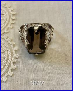 Ancienne Bague Argent Massif Topaze Fumée Imposante Art Nouveau