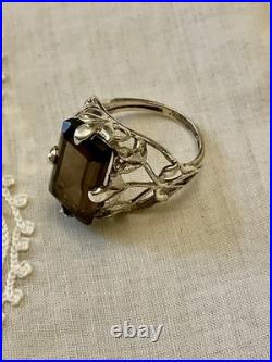 Ancienne Bague Argent Massif Topaze Fumée Imposante Art Nouveau