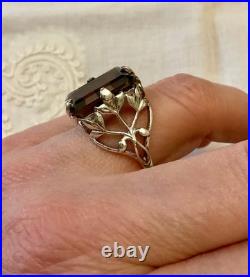 Ancienne Bague Argent Massif Topaze Fumée Imposante Art Nouveau