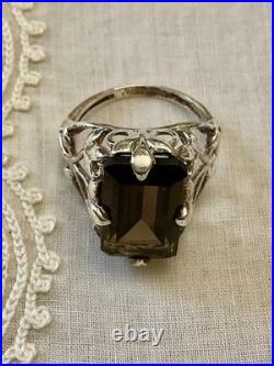 Ancienne Bague Argent Massif Topaze Fumée Imposante Art Nouveau