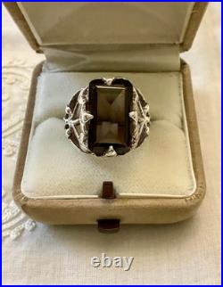 Ancienne Bague Argent Massif Topaze Fumée Imposante Art Nouveau