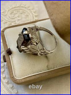 Ancienne Bague Argent Massif Topaze Fumée Imposante Art Nouveau