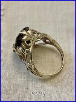 Ancienne Bague Argent Massif Topaze Fumée Imposante Art Nouveau
