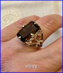 Ancienne Bague Argent Massif Topaze Fumée Imposante Art Nouveau