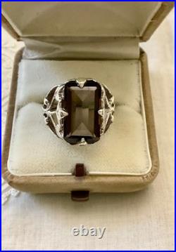 Ancienne Bague Argent Massif Topaze Fumée Imposante Art Nouveau