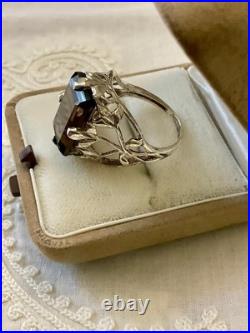 Ancienne Bague Argent Massif Topaze Fumée Imposante Art Nouveau