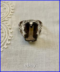 Ancienne Bague Argent Massif Topaze Fumée Imposante Art Nouveau