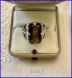 Ancienne Bague Argent Massif Topaze Fumée Imposante Art Nouveau