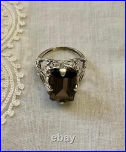 Ancienne Bague Argent Massif Topaze Fumée Imposante Art Nouveau