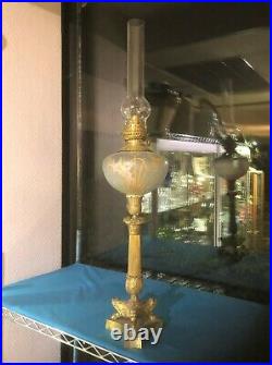 Ancienne Lampe à Pétrole Pied Tripode Bronze Réservoir Emaillé 1900 Art Nouveau