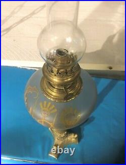 Ancienne Lampe à Pétrole Pied Tripode Bronze Réservoir Emaillé 1900 Art Nouveau