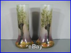 Ancienne Paire De Vases Style Art Nouveau Epoque 1900 Signés Legras Décor Forêt