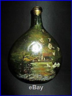 Ancienne bouteille fin XVIII ou XIX ème peinte Art Nouveau fin XIX ème