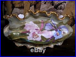 Ancienne jardinière en porcelaine art nouveau décor floral Limoges hirondelle