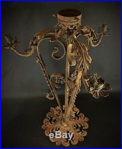 Ancienne monture XIXem lustre 4 feux fer forgé tôle repoussée floral Art Nouveau
