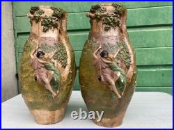 Ancienne paire vases Art Nouveau terre cuite signé George Trinque années 1900