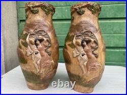 Ancienne paire vases Art Nouveau terre cuite signé George Trinque années 1900