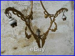 Ancienne superbe monture de lustre ART NOUVEAU en bronze décor floral 4 feux