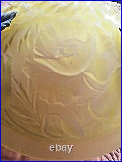 Ancienne vasque-lustre verre jaune orangé-suspension fleurs/motifs Art Nouveau