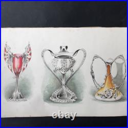 Aquarelle 1900 Art Nouveau 3 Vases Libellule Scarabée Dessin Ancien Jugendstil