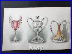 Aquarelle 1900 Art Nouveau 3 Vases Libellule Scarabée Dessin Ancien Jugendstil