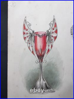 Aquarelle 1900 Art Nouveau 3 Vases Libellule Scarabée Dessin Ancien Jugendstil
