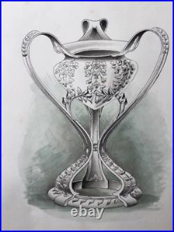 Aquarelle 1900 Art Nouveau 3 Vases Libellule Scarabée Dessin Ancien Jugendstil