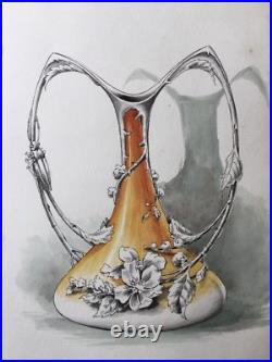 Aquarelle 1900 Art Nouveau 3 Vases Libellule Scarabée Dessin Ancien Jugendstil