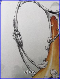 Aquarelle 1900 Art Nouveau 3 Vases Libellule Scarabée Dessin Ancien Jugendstil