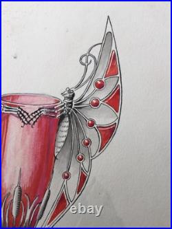 Aquarelle 1900 Art Nouveau 3 Vases Libellule Scarabée Dessin Ancien Jugendstil