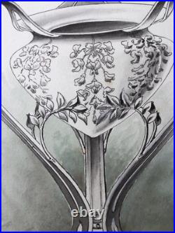 Aquarelle 1900 Art Nouveau 3 Vases Libellule Scarabée Dessin Ancien Jugendstil