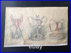 Aquarelle 1900 Art Nouveau 3 Vases Libellule Scarabée Dessin Ancien Jugendstil