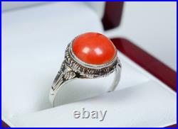 Argent Style Ancien Art Nouveau Anneau Naturelle Corail Argent Style Ancien Art Nouveau Anneau Naturelle Corail