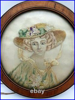 Art Nouveau Ancienne Miniature Portrait de Femme Brodé soie, Cadre Marqueté