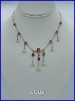 Art Nouveau Sibérien Améthyste Naturel Perle Collier Ancien 14 Carat Or