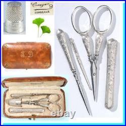 Art Nouveau nécessaire de couture en ARGENT ancien Ciseaux écrin coudre etui