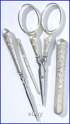 Art Nouveau nécessaire de couture en ARGENT ancien Ciseaux écrin coudre etui