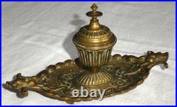 Art nouveau ancien encrier en bronze doré décor visage d'enfants aux extrémité