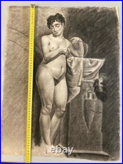 Beau Dessin Fusain Femme Nu Nue Erotique 1920 Pas Identifié, Art Nouveau Ancien