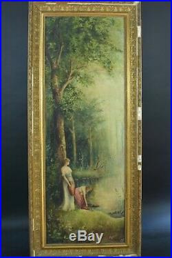 Beau Tableau ancien Femme Paysage arboré bord de rivière Forêt art nouveau