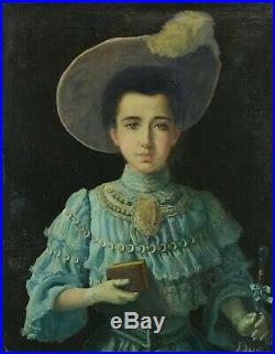 Beau Tableau ancien portrait jeune fille costume robe Mode Ombrelle Art nouveau