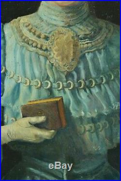 Beau Tableau ancien portrait jeune fille costume robe Mode Ombrelle Art nouveau