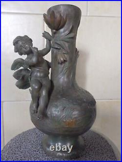 Beau Vase Ancien Art Nouveau Regule Vert Bronze Ange Angelot Cherubin Putti. Tbe