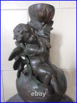 Beau Vase Ancien Art Nouveau Regule Vert Bronze Ange Angelot Cherubin Putti. Tbe