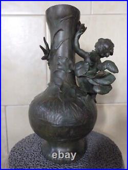 Beau Vase Ancien Art Nouveau Regule Vert Bronze Ange Angelot Cherubin Putti. Tbe