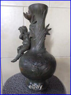 Beau Vase Ancien Art Nouveau Regule Vert Bronze Ange Angelot Cherubin Putti. Tbe