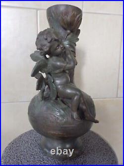 Beau Vase Ancien Art Nouveau Regule Vert Bronze Ange Angelot Cherubin Putti. Tbe