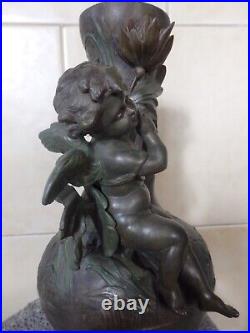 Beau Vase Ancien Art Nouveau Regule Vert Bronze Ange Angelot Cherubin Putti. Tbe