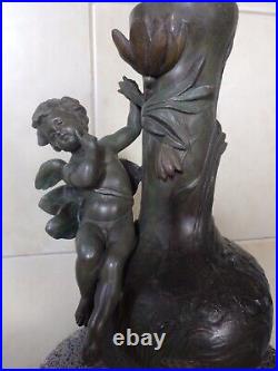 Beau Vase Ancien Art Nouveau Regule Vert Bronze Ange Angelot Cherubin Putti. Tbe